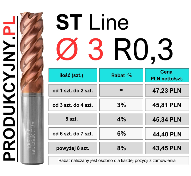 Frez z promieniem naroża fi 3 R0,3 ST LINE